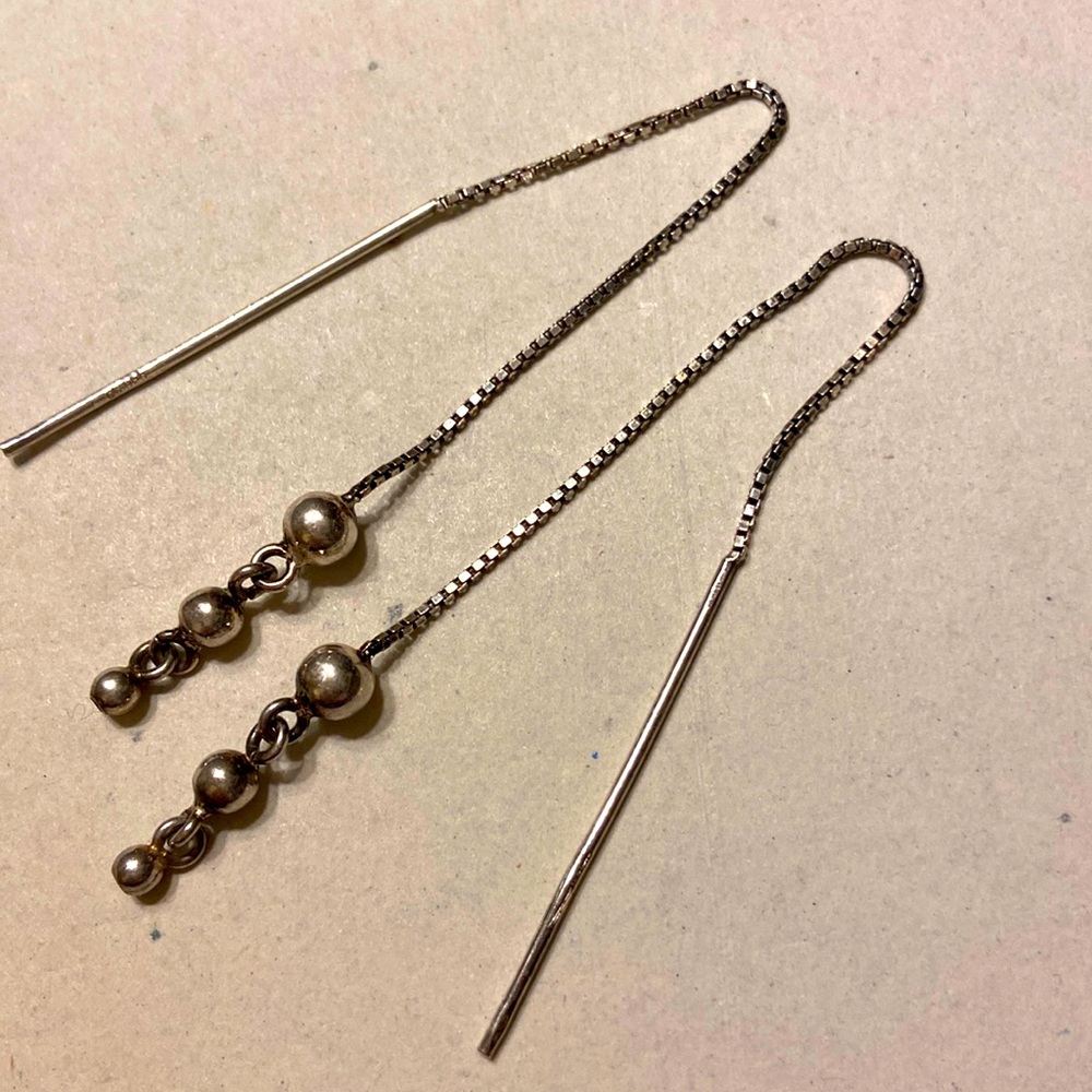 Sterling Silver Ball Threader Chain Earrings - image 1
